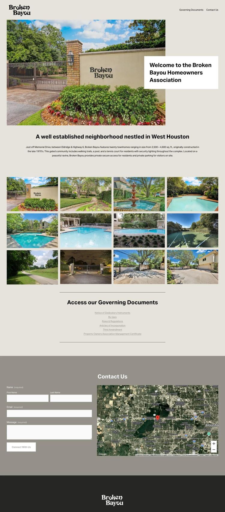Screenshot 1 of Broken Bayou HOA (Example Squarespace HOA Management Website)