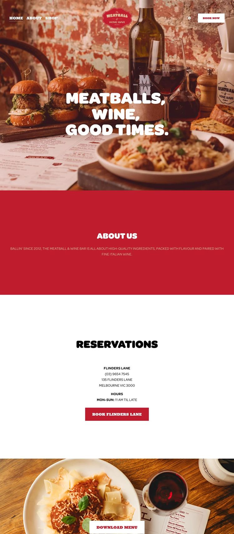 Screenshot 1 of The Meatball & Wine Bar (Example Squarespace Restaurant Website)