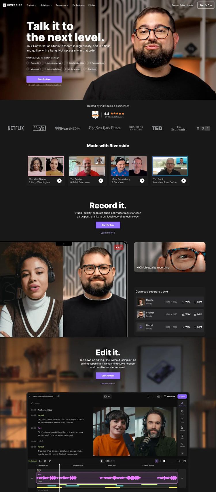 Screenshot 1 of Riverside.fm (Example Webflow SaaS Website)