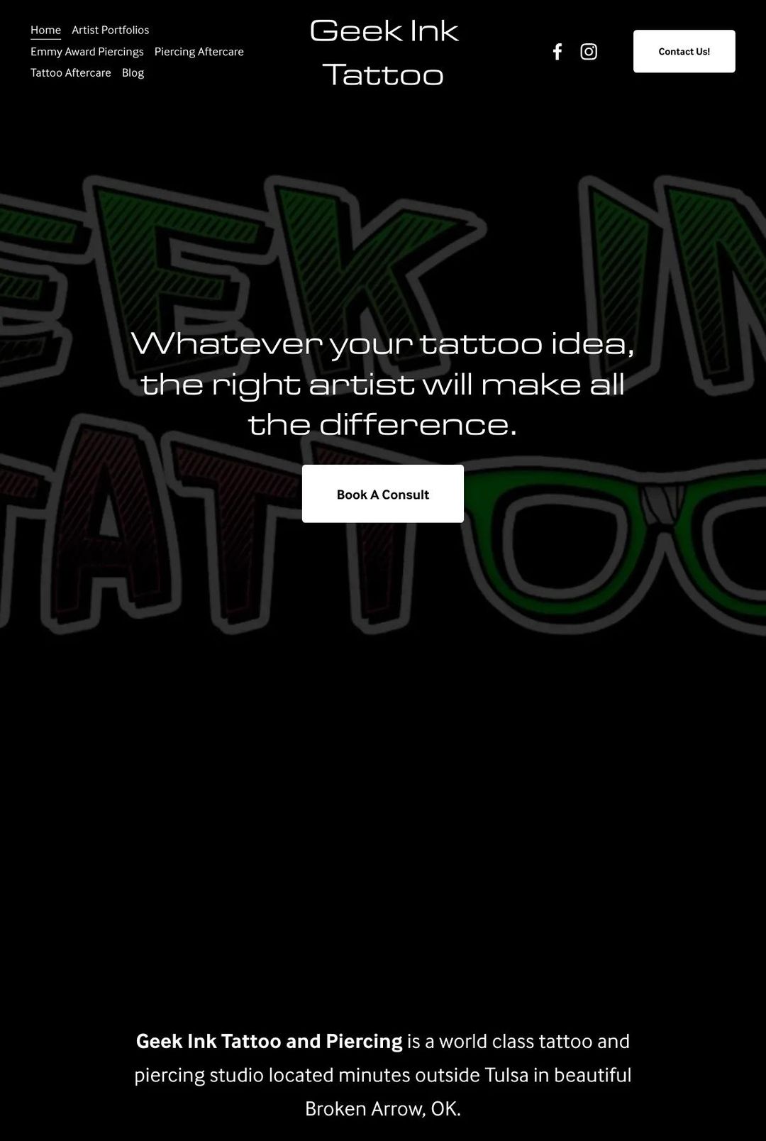 Screenshot 1 of Geek Ink Tattoo (Example Squarespace Tattoo Website)