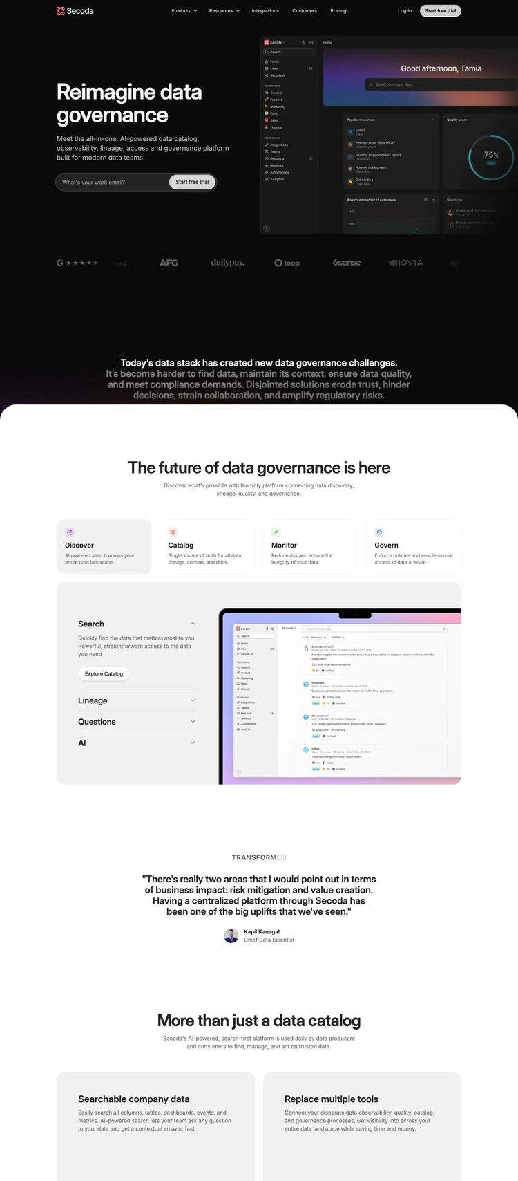 Screenshot 2 of Secoda (Example Webflow Software Development Website)