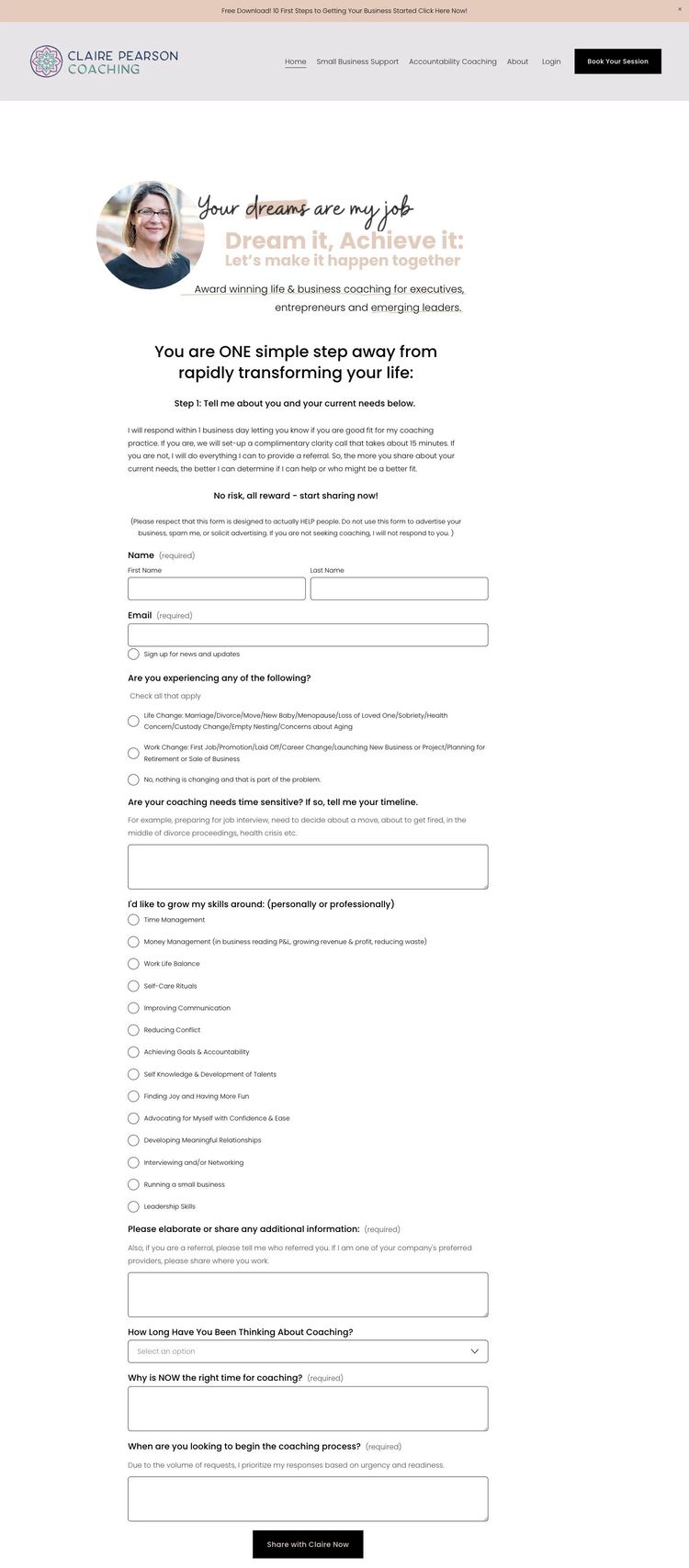 Screenshot 1 of Claire Pearson Coaching (Example Squarespace Life/Business Coach Website)