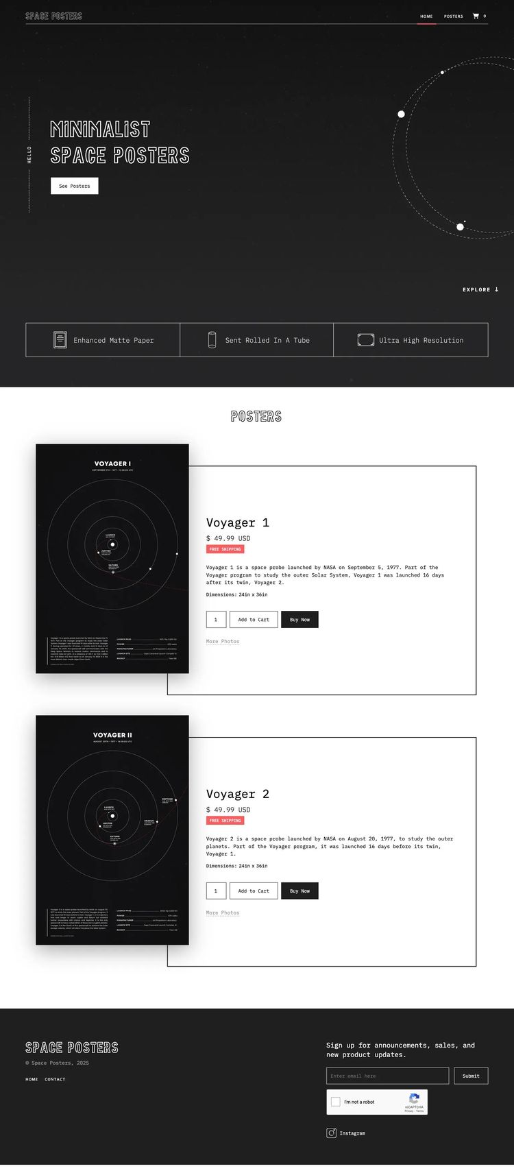 Screenshot 1 of Minimalist Space Posters (Example Webflow Ecommerce (General) Website)