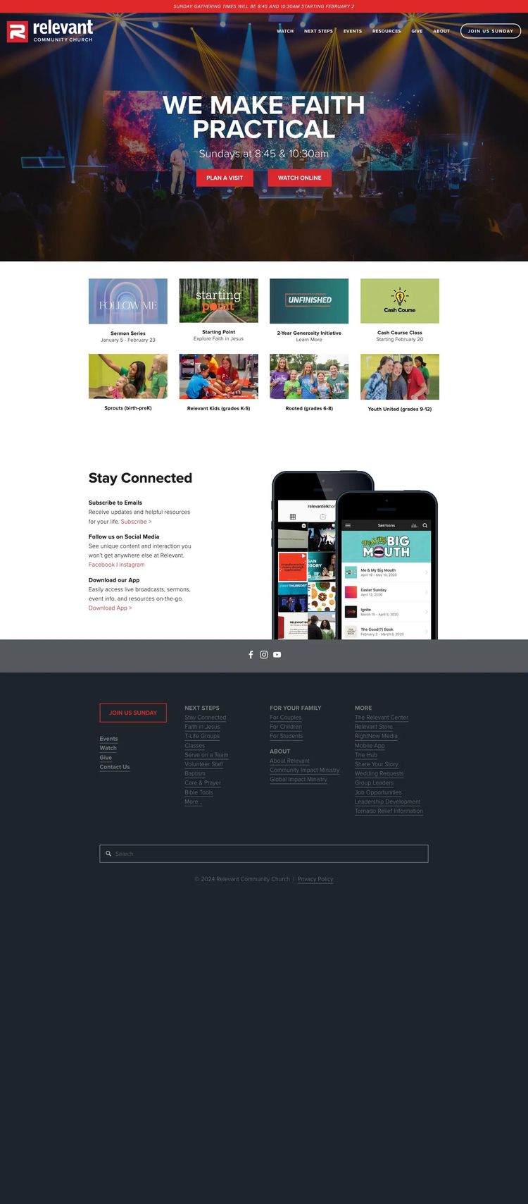 Screenshot 1 of Relevant Community Church (Example Squarespace Church/Religious Organization Website)