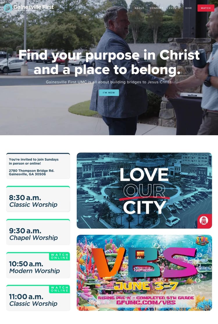 Screenshot 1 of Gainesville First UMC (Example Squarespace Church Website)