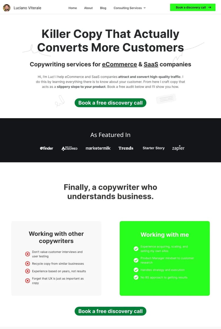 Screenshot 1 of Luciano Viterale (Example WordPress Copywriter Website)