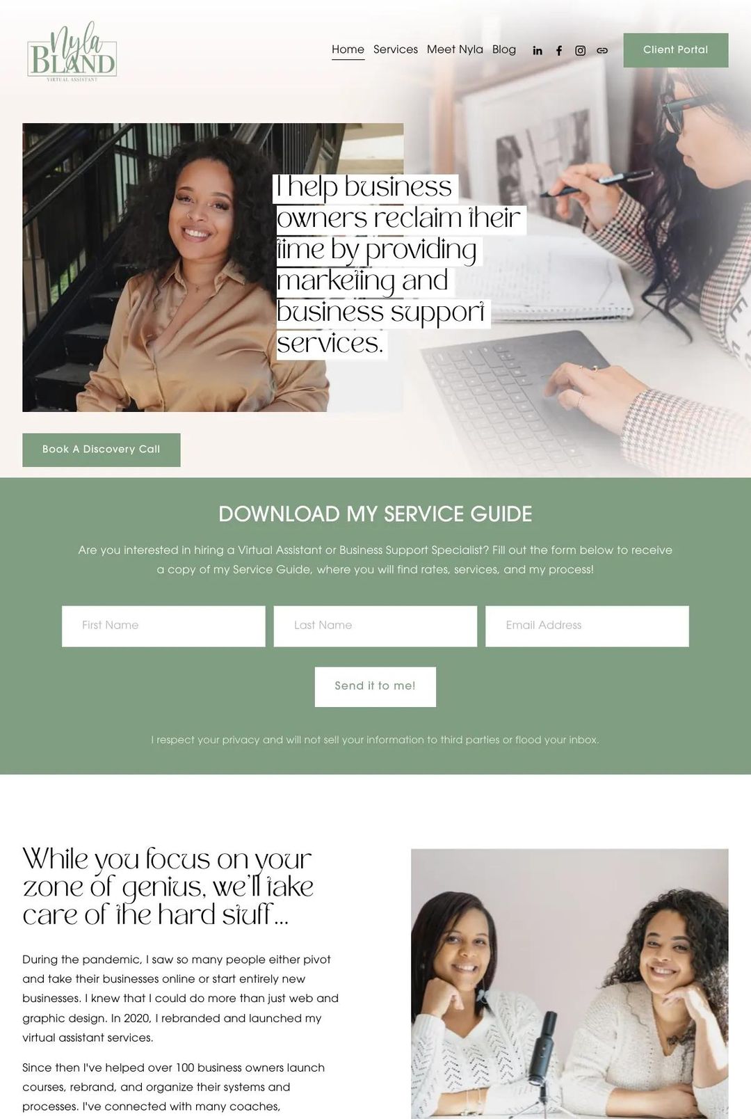Screenshot 1 of Nyla Bland (Example Squarespace Virtual Assistant Website)