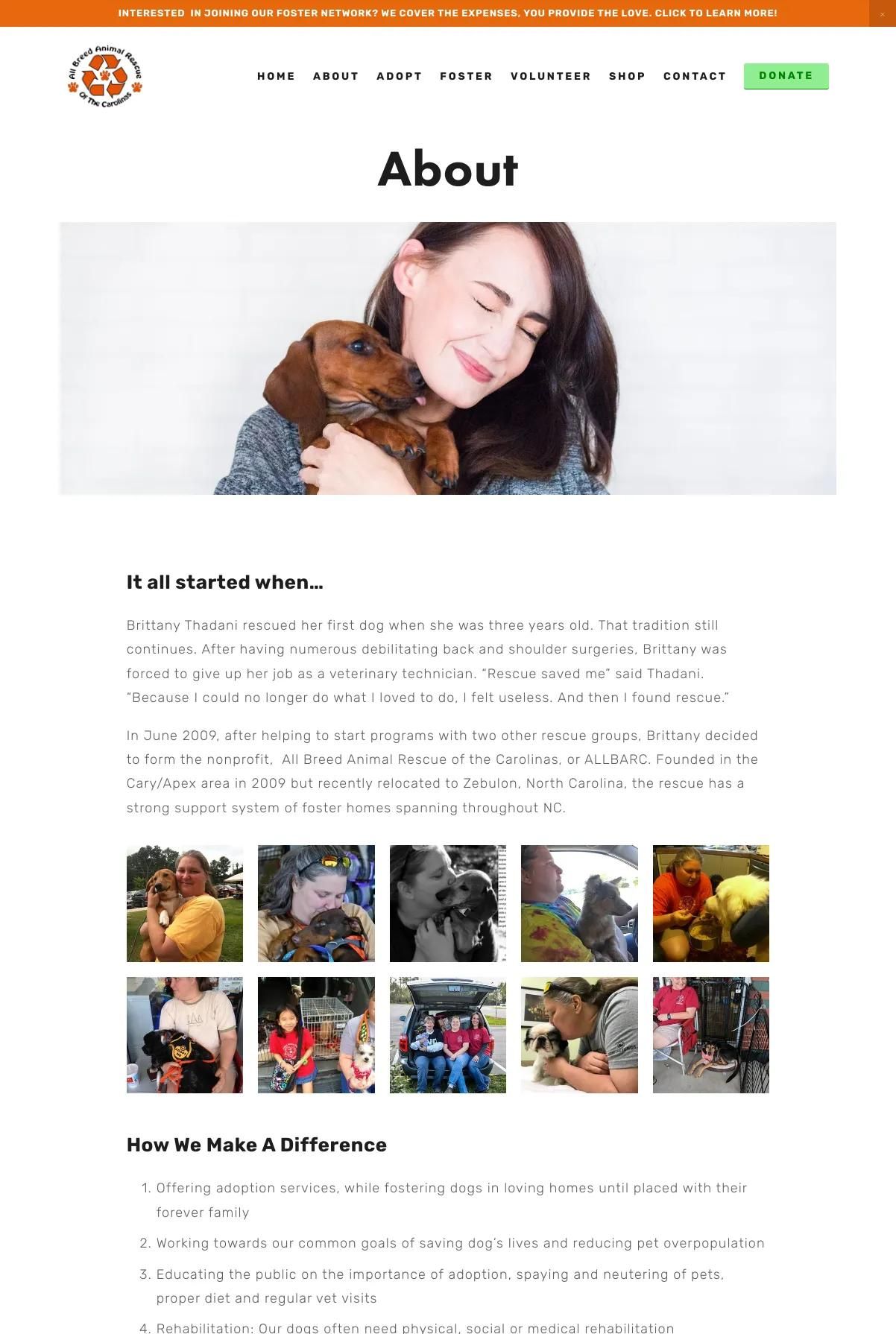 Screenshot 2 of All Breed Animal Rescue of the Carolinas (Example Squarespace Nonprofit Website)