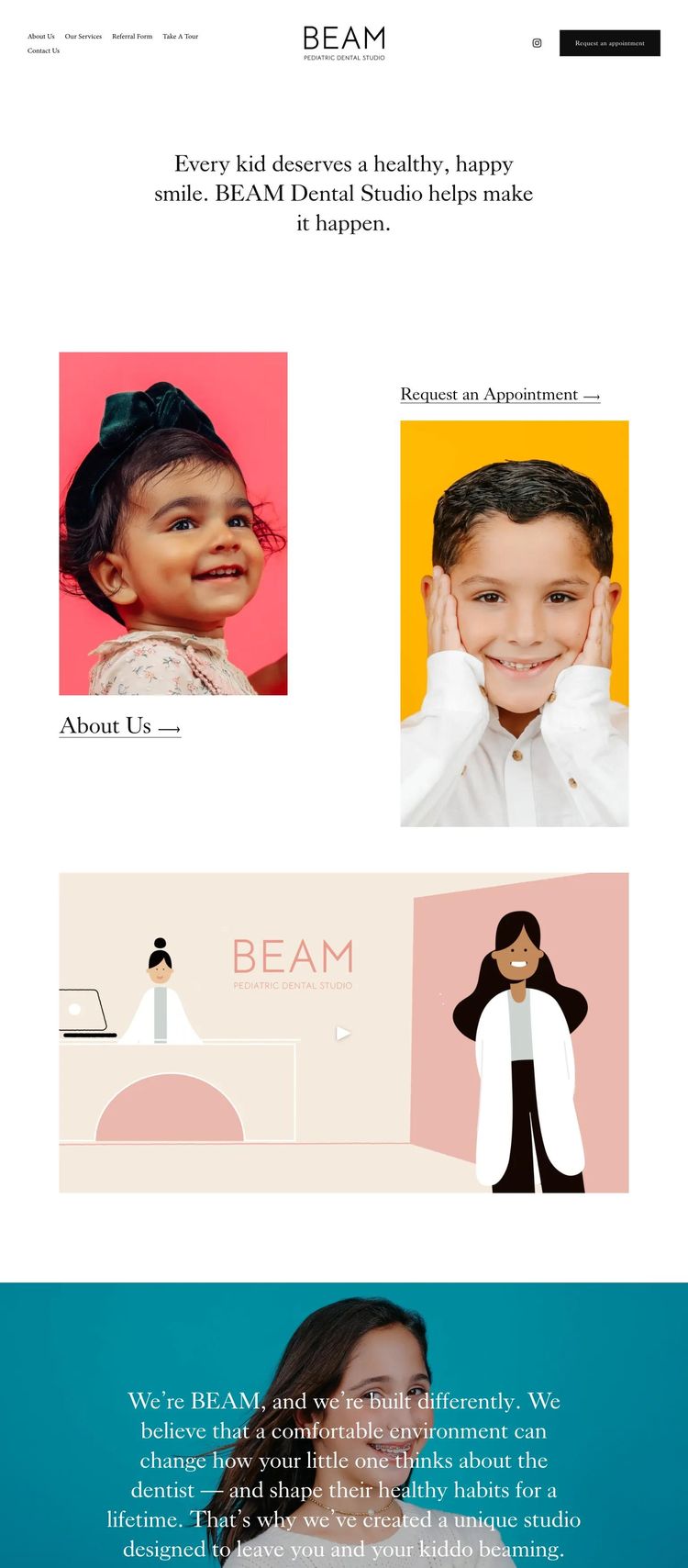 Screenshot 1 of Beam Pediatric Dental Studio (Example Squarespace Dentist Website)
