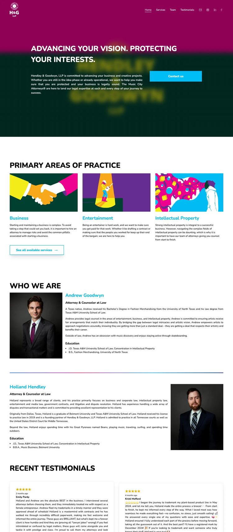 Screenshot 1 of Hendley & Goodwyn, LLP (Example Squarespace Law Firm Website)