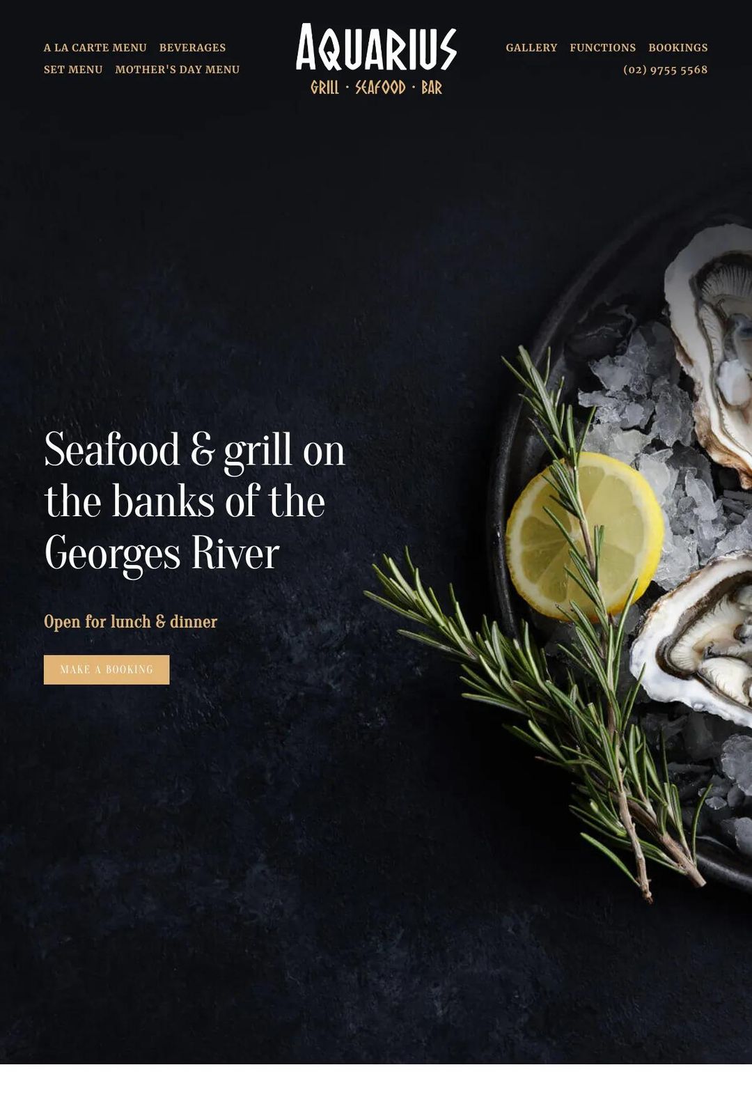 Screenshot 1 of Aquarius Seafood Restaurant (Example Squarespace Restaurant Website)