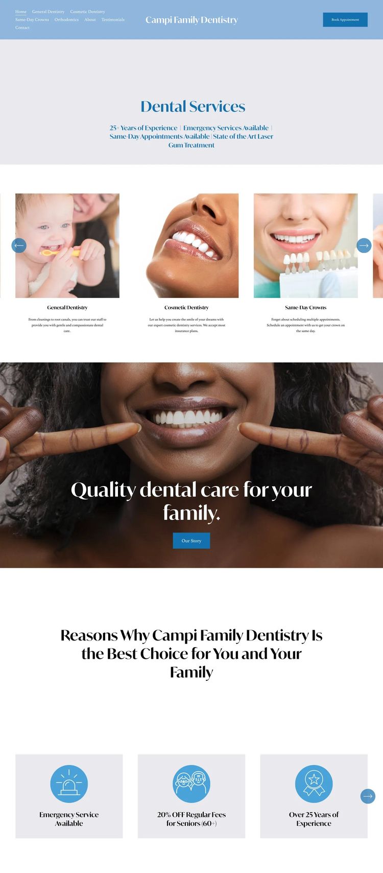 Screenshot 1 of Campi Family Dentistry (Example Squarespace Dentist Website)