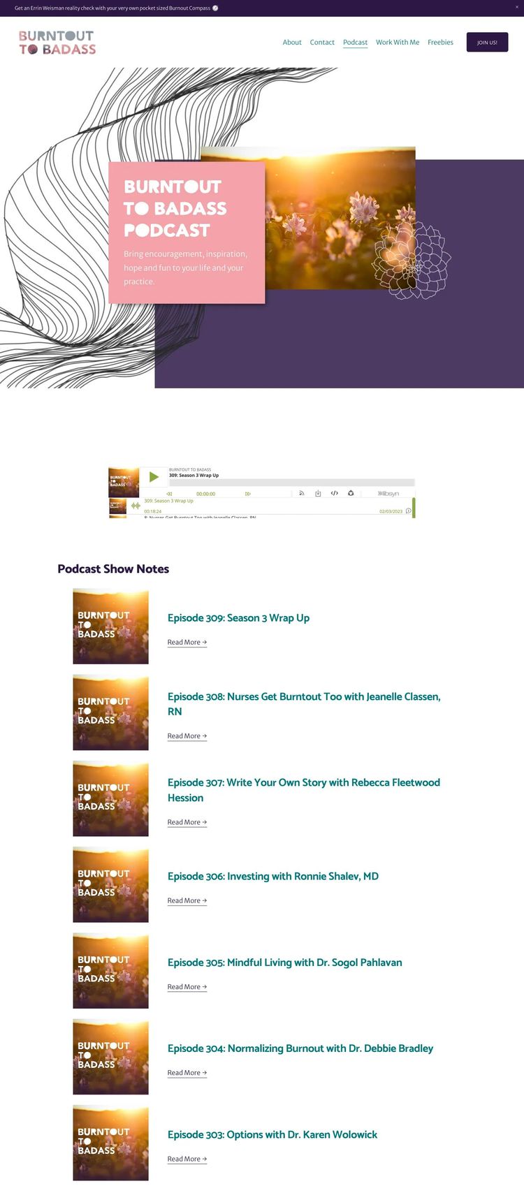 Screenshot 1 of Burntout to Badass (Example Squarespace Podcast Website)