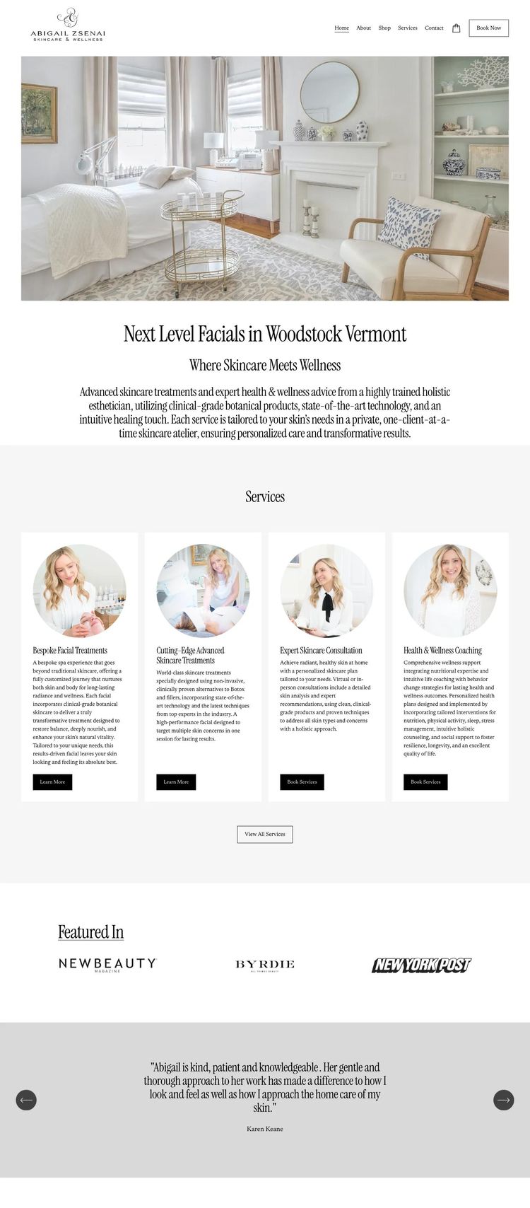 Screenshot 1 of Abigail Zsenai (Example Squarespace Esthetician Website)