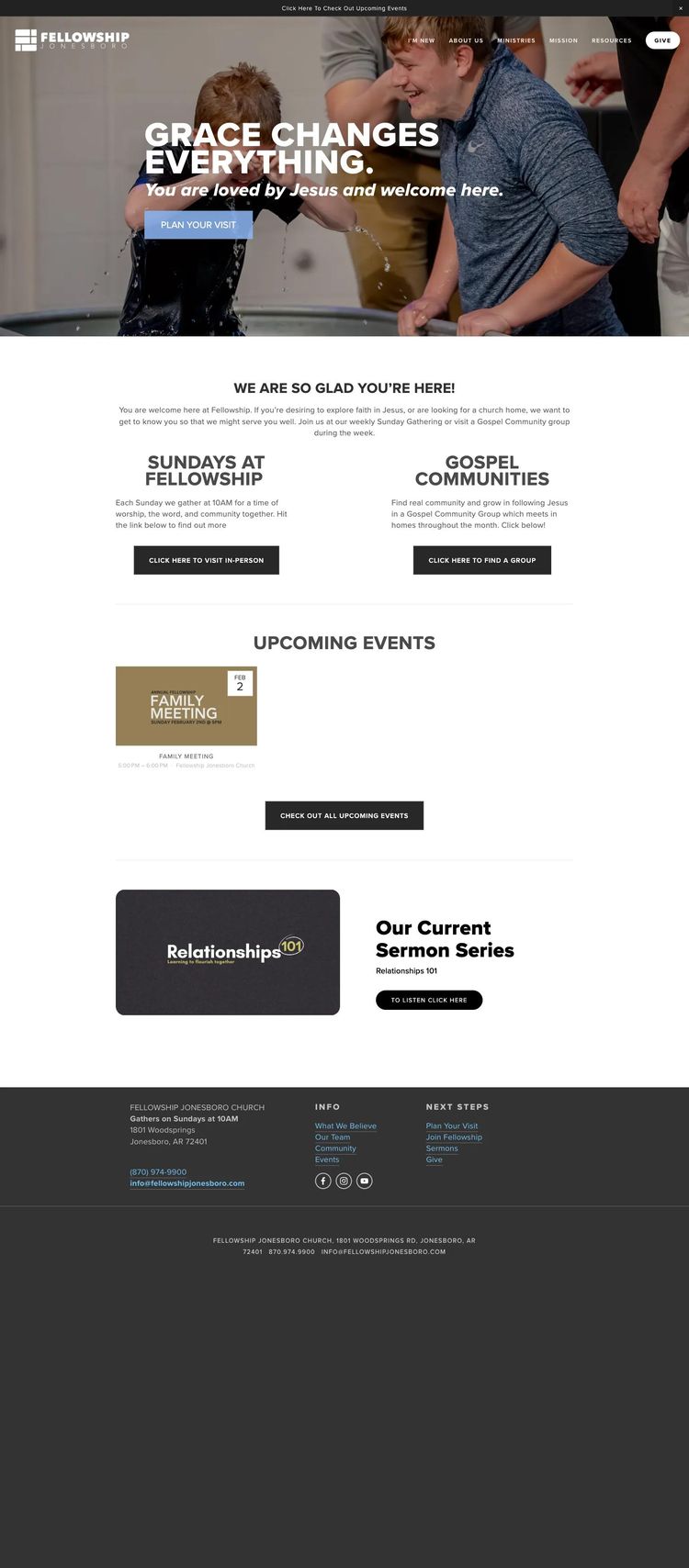Screenshot 1 of Fellowship Jonesboro (Example Squarespace Church/Religious Organization Website)