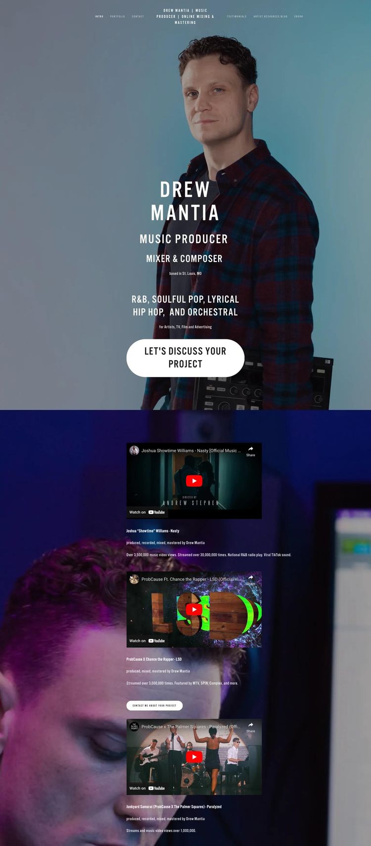 Screenshot 1 of Drew Mantia (Example Squarespace Music Producer Website)
