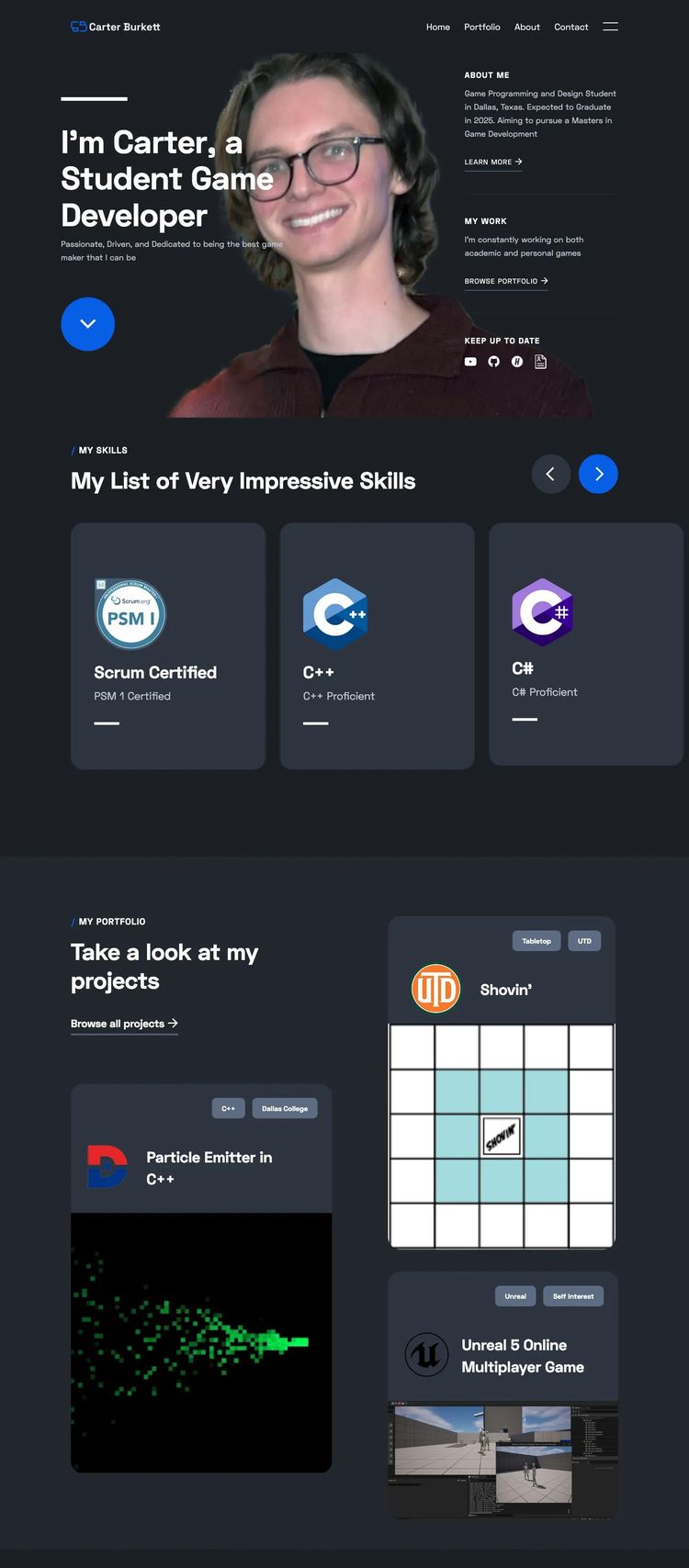 Screenshot 2 of Carter Burkett (Example Webflow Game Designer Website)