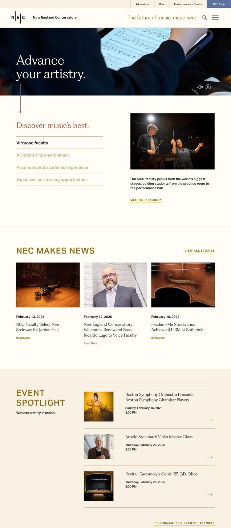 Screenshot 2 of New England Conservatory of Music (Example WordPress Educational Institution Website)