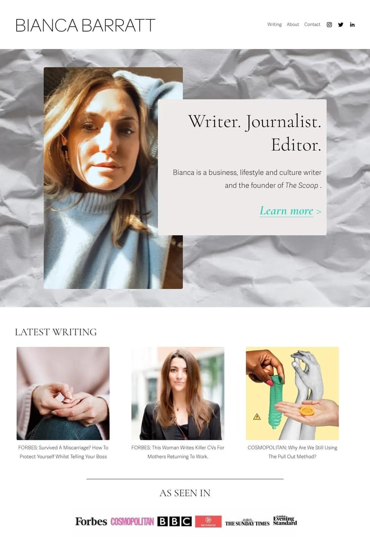 Screenshot 1 of Bianca Barratt (Example Squarespace Journalist Website)