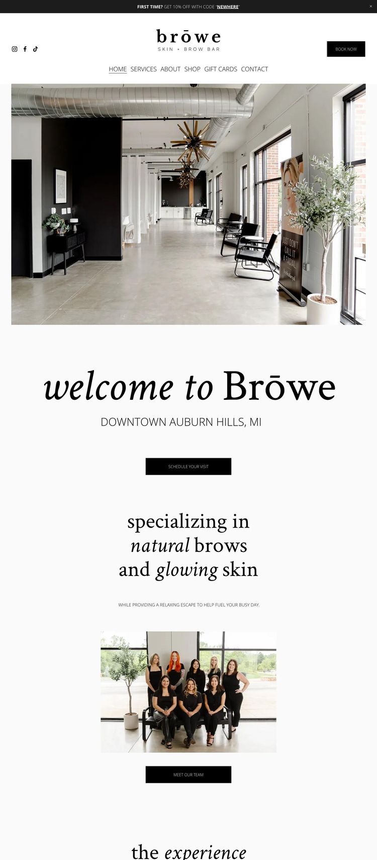 Screenshot 1 of brōwe skin + brow bar (Example Squarespace Esthetician Website)