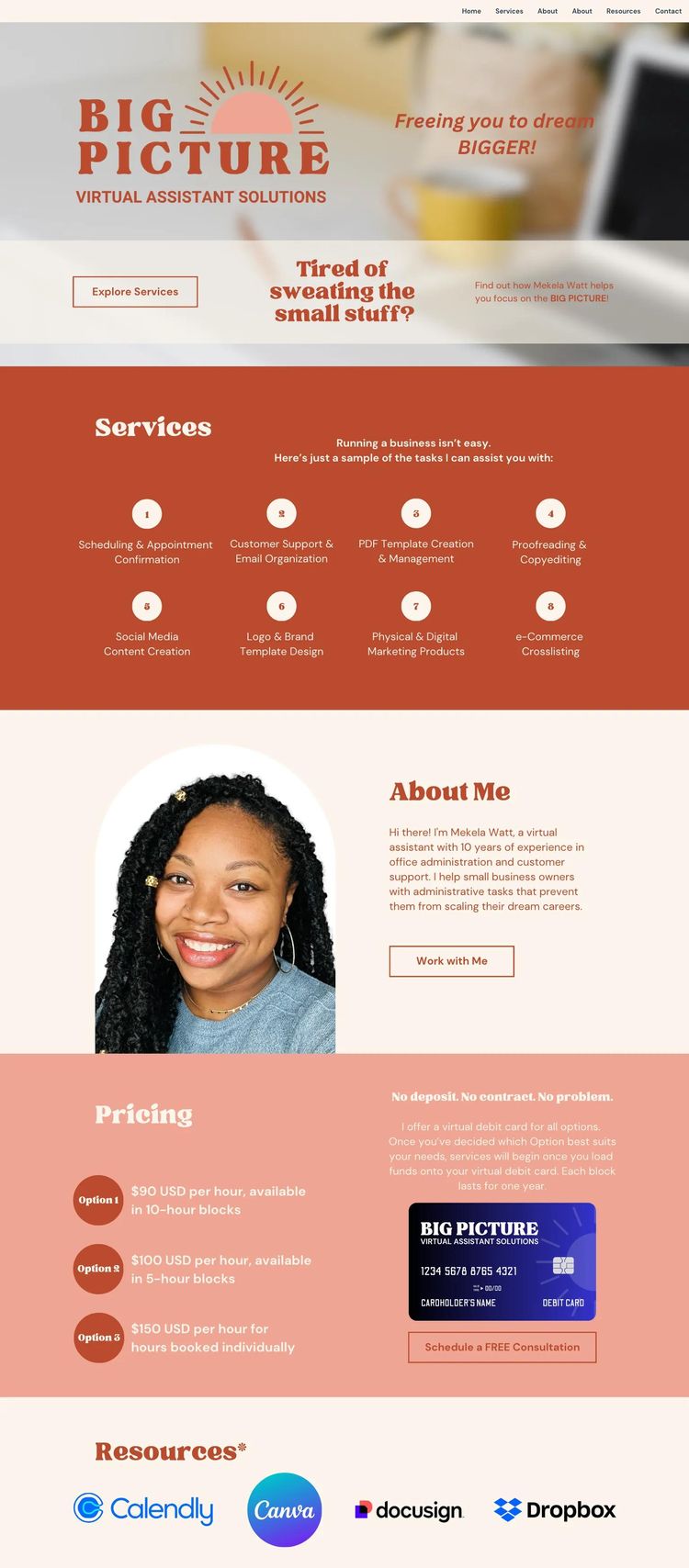 Screenshot 2 of Mekela Watt (Example Canva Virtual Assistant Website)