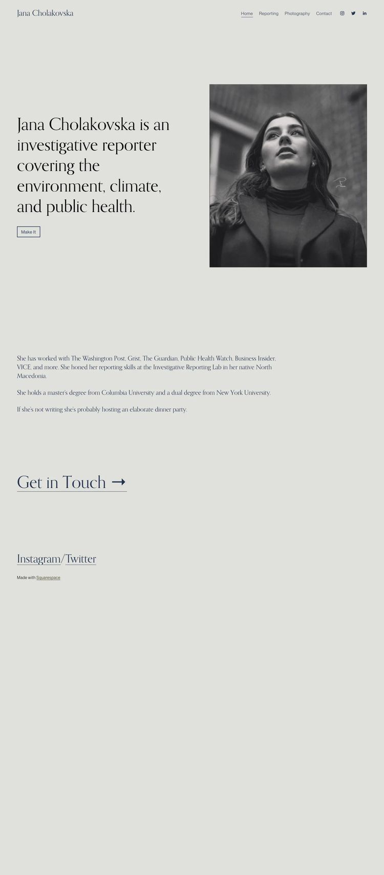 Screenshot 1 of Jana Cholakovska (Example Squarespace Journalist Website)