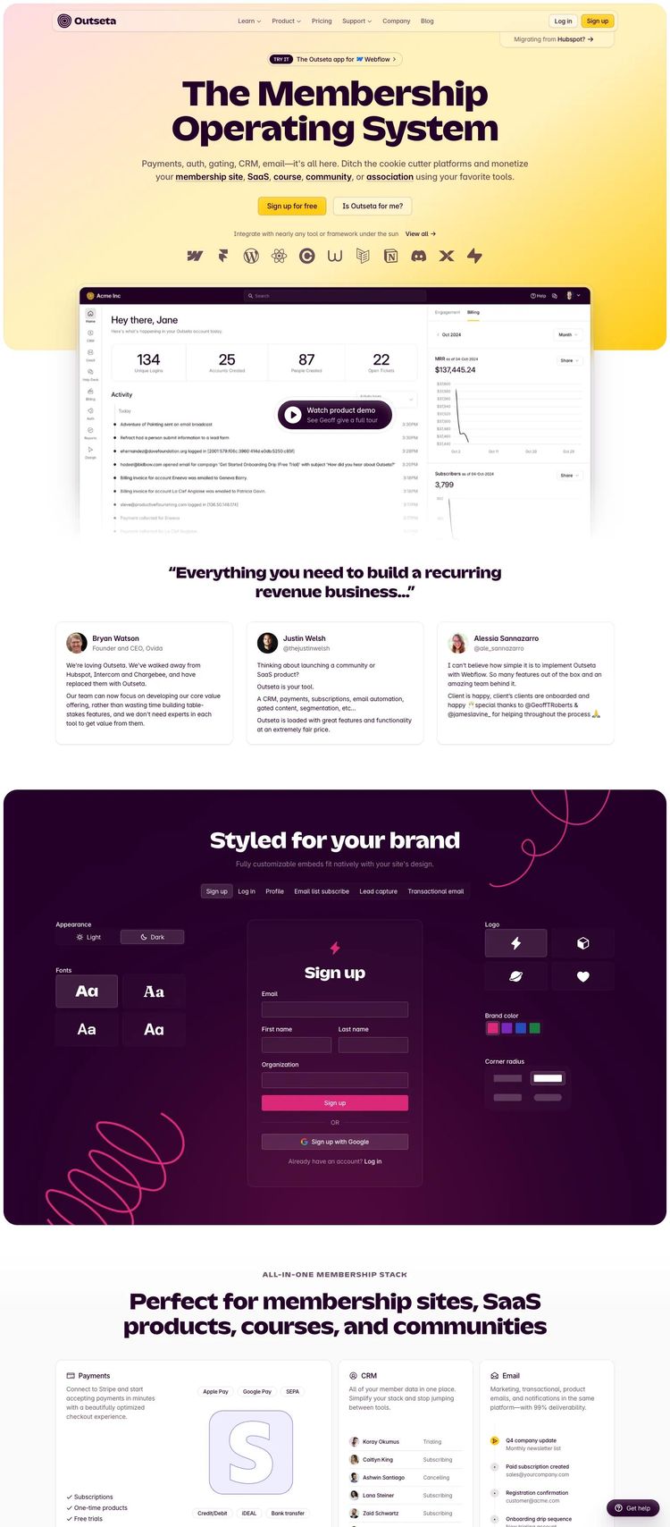 Screenshot 1 of Outseta (Example Webflow SaaS Website)