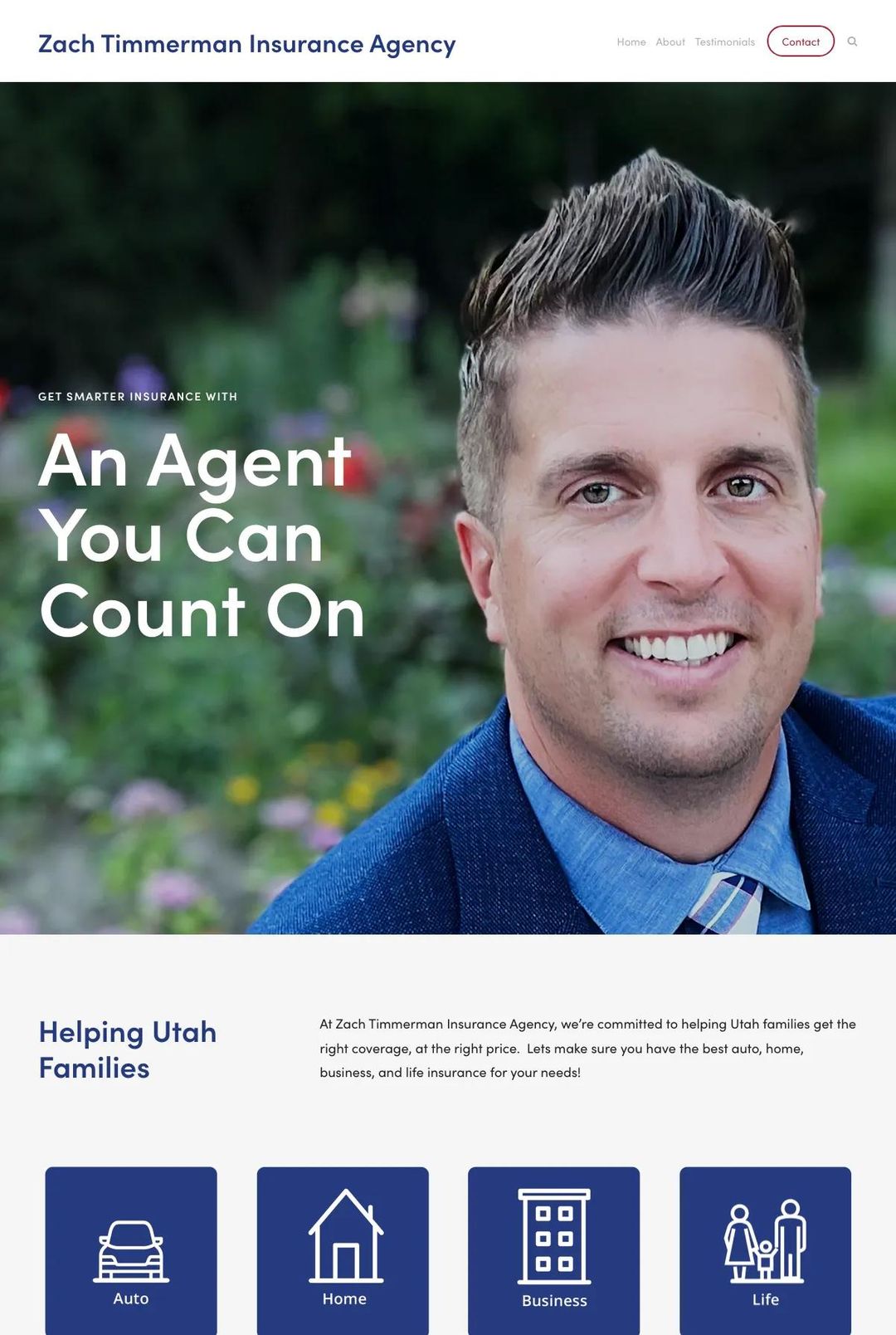 Screenshot 1 of Zach Timmerman Insurance Agency (Example Squarespace Insurance Agent Website)