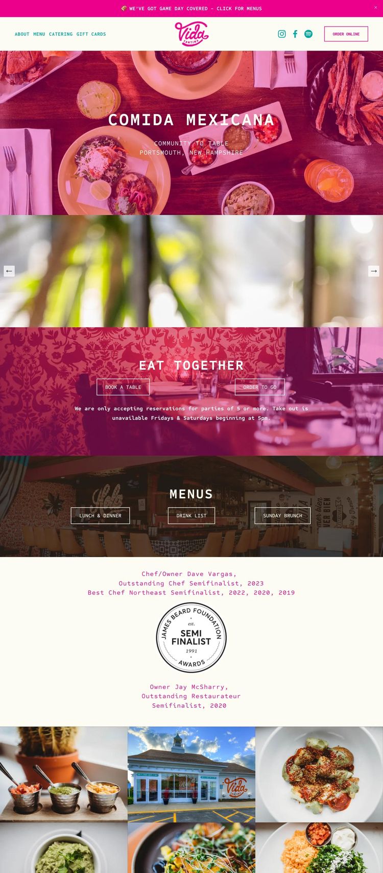 Screenshot 1 of Vida Cantina (Example Squarespace Restaurant Website)