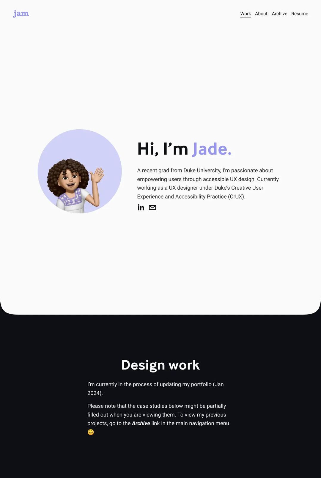 Screenshot 1 of Jade's Portfolio (Example Squarespace Portfolio Website)