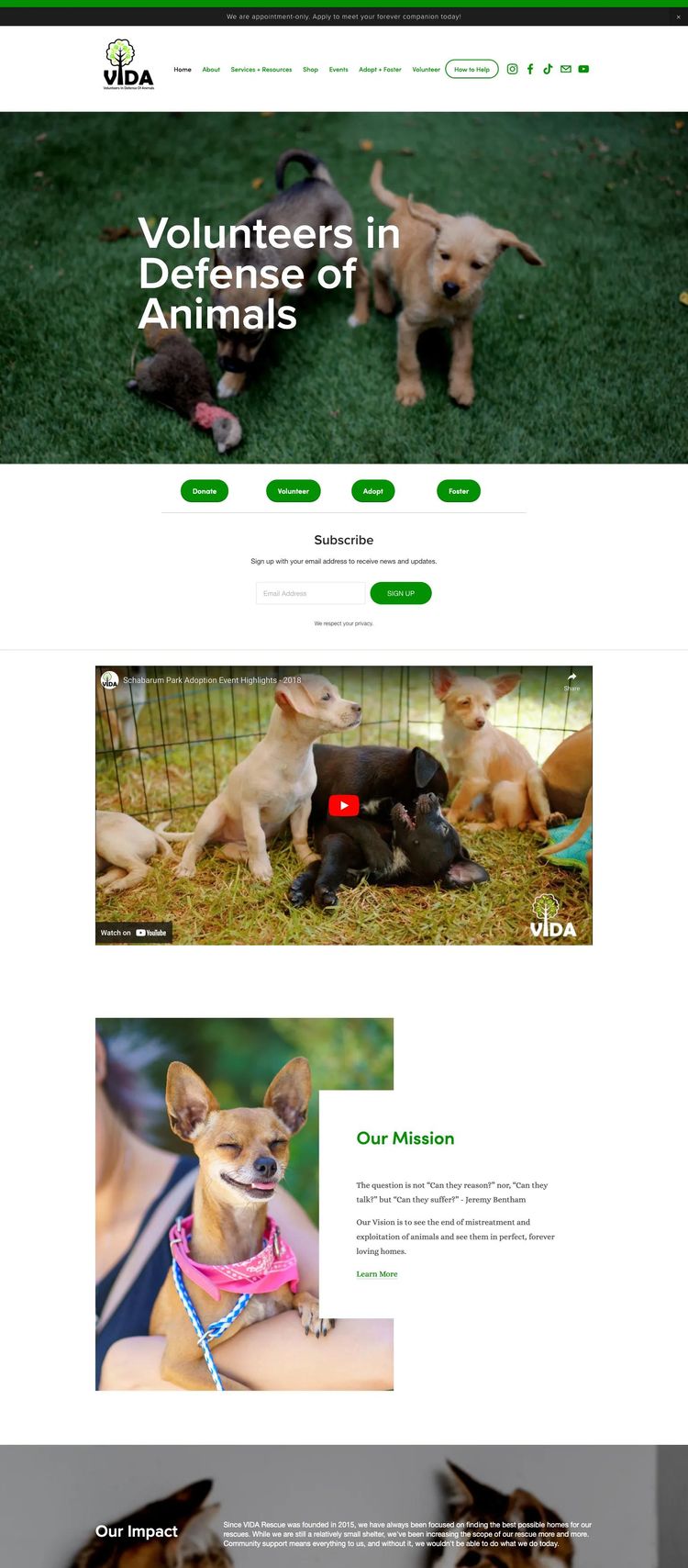 Screenshot 1 of Volunteers in Defense of Animals (Example Squarespace Nonprofit Organization Website)