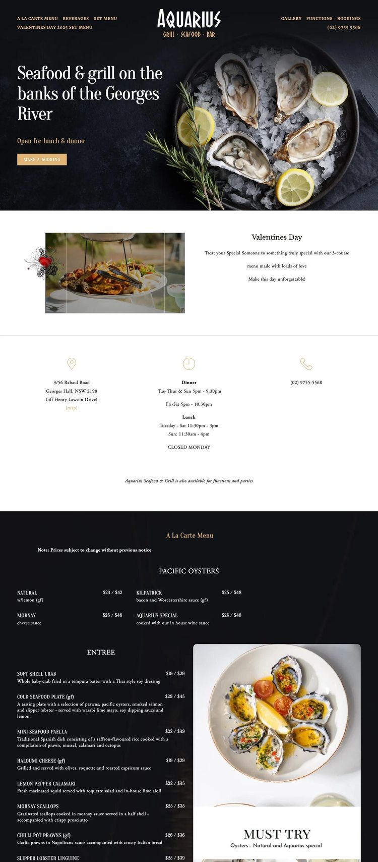 Screenshot 1 of Aquarius Seafood Restaurant (Example Squarespace Restaurant Website)