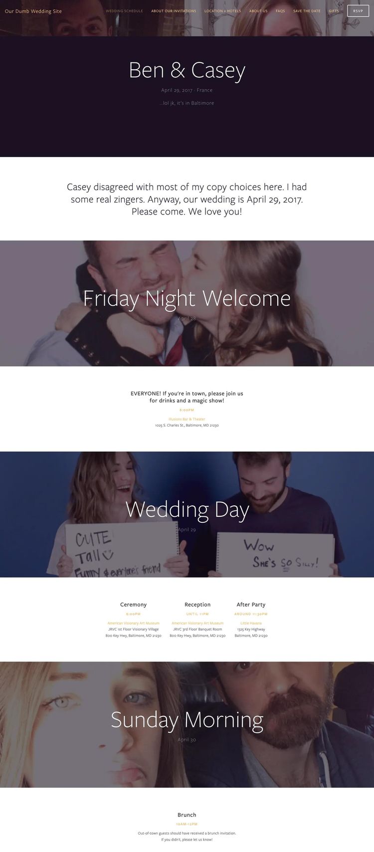Screenshot 1 of Our Dumb Wedding Site (Example Squarespace Wedding Website)