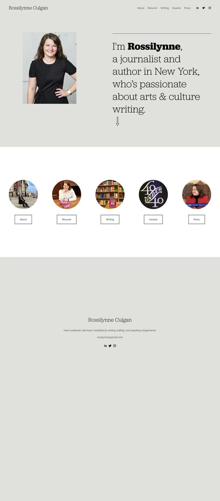 Screenshot 1 of Rossilynne Culgan (Example Squarespace Journalist Website)