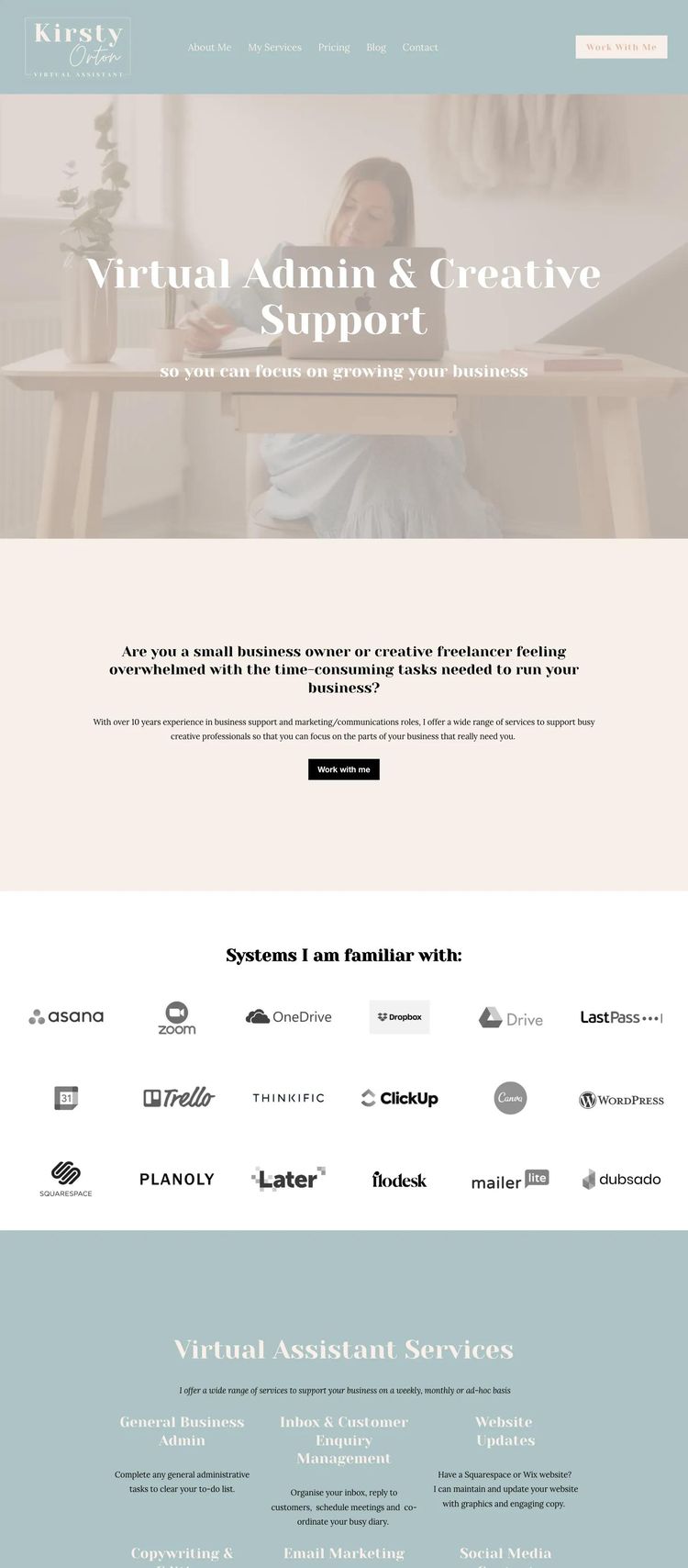 Screenshot 1 of Kirsty Orton VA (Example Squarespace Virtual Assistant Website)