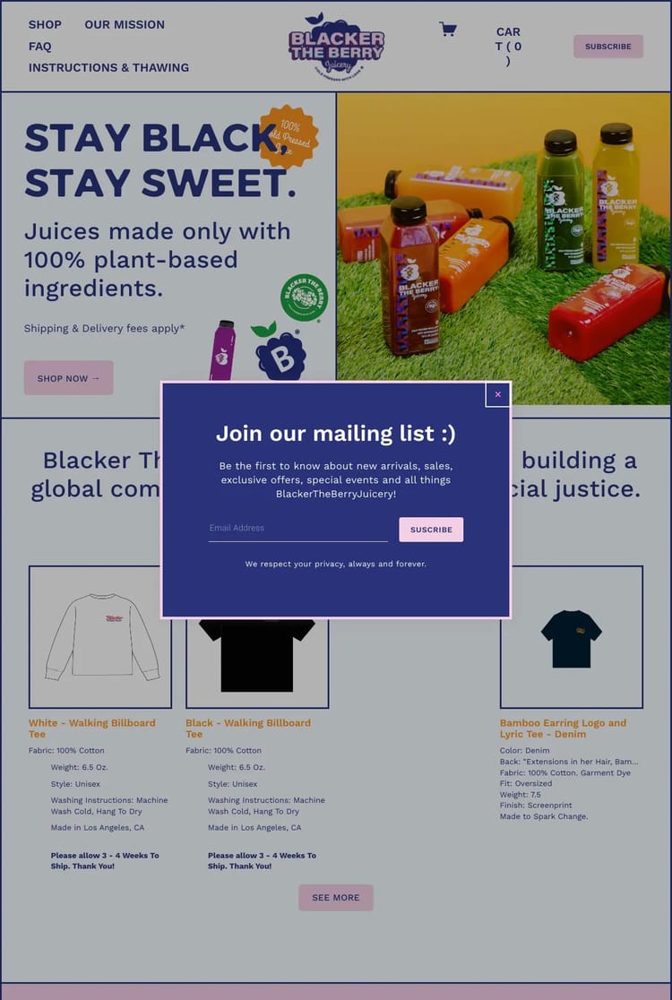 Screenshot 1 of btbjuicery (Example Squarespace Ecommerce Website)