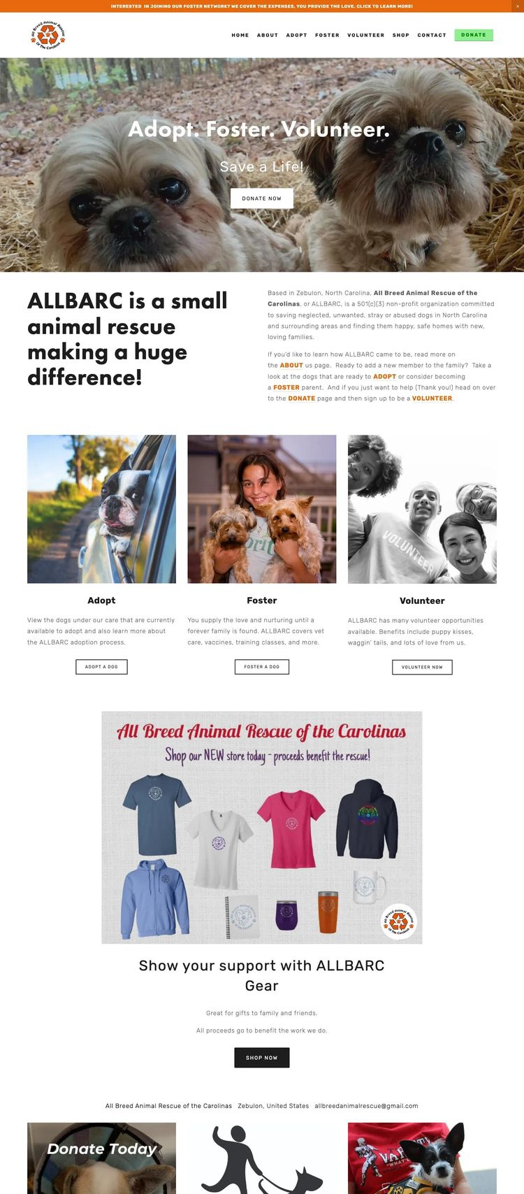 Screenshot 1 of All Breed Animal Rescue of the Carolinas (Example Squarespace Nonprofit Organization Website)