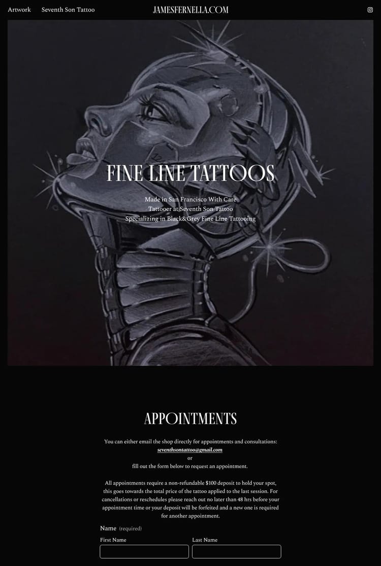 Screenshot 1 of James Fernella Tattoo (Example Squarespace Tattoo Website)