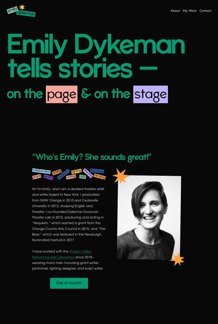 Screenshot 1 of Emily Dykeman (Example Squarespace Actor Website)