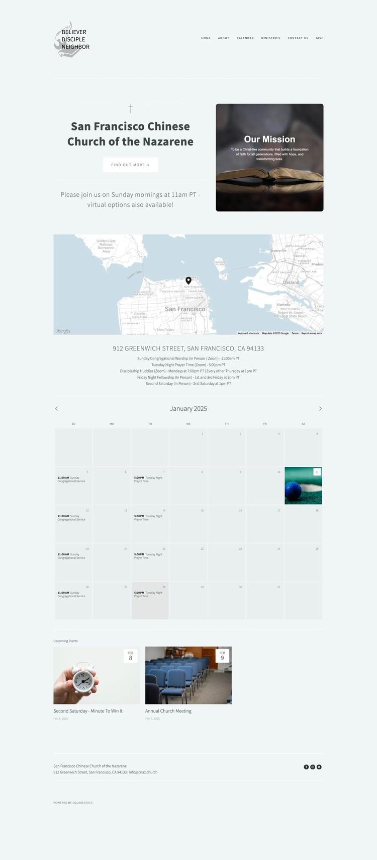 Screenshot 1 of San Francisco Chinese Church of the Nazarene (Example Squarespace Church/Religious Organization Website)