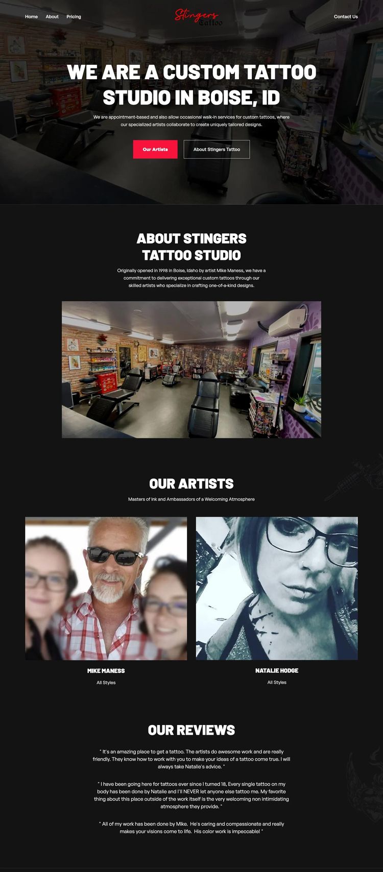 Screenshot 2 of Stingers Tattoo Studio (Example Webflow Tattoo Artist/Studio Website)