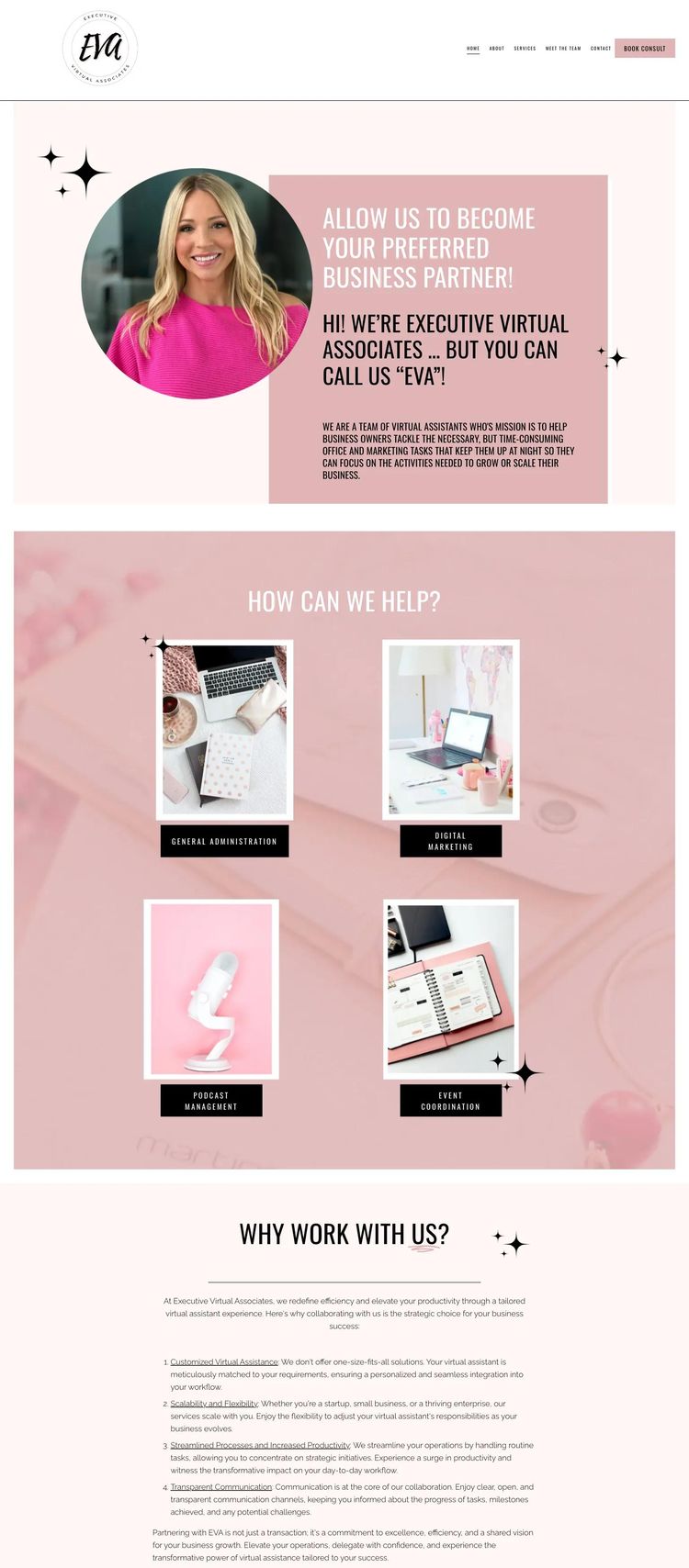 Screenshot 2 of Executive Virtual Associates (Example Squarespace Virtual Assistant Website)