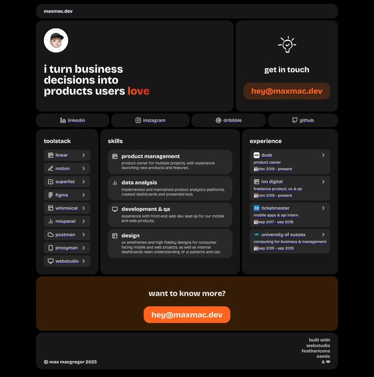 Screenshot 1 of Max MacGregor (Example Webstudio Web Developer Portfolio Website)