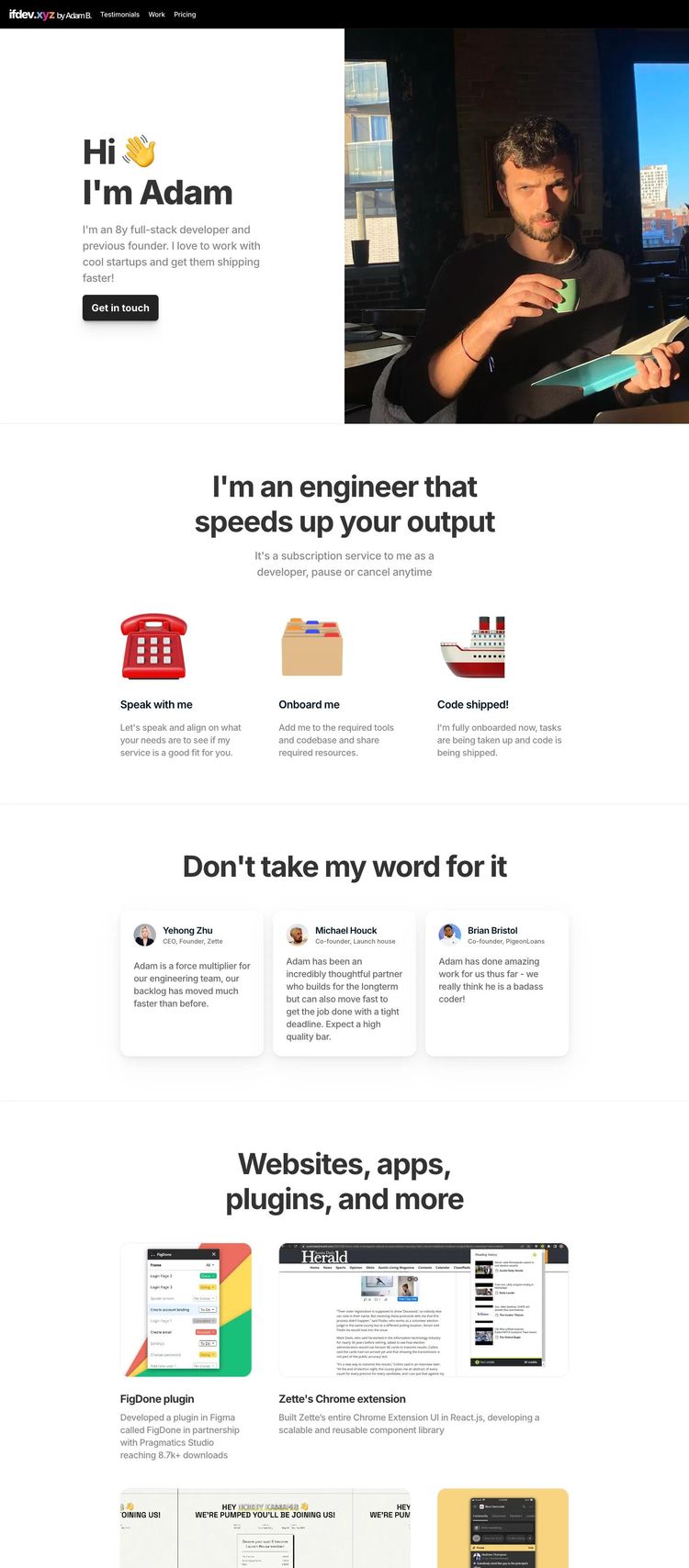 Screenshot 2 of Adam B. (Example Framer Developer Tools Website)