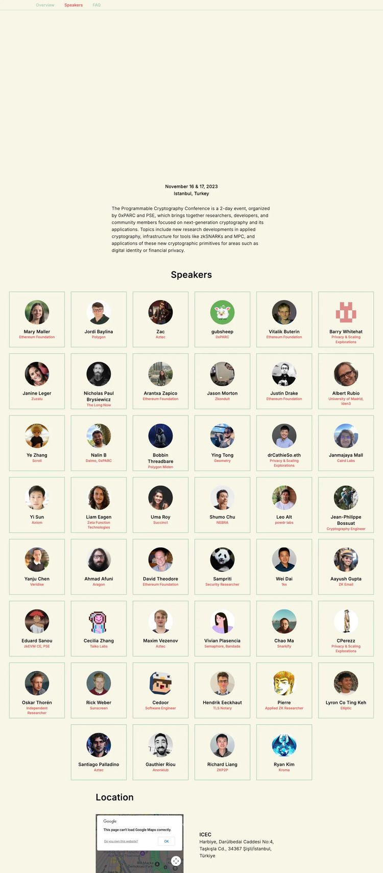 Screenshot 1 of Programmable Cryptography Conference (Example Svelte Conference Website)