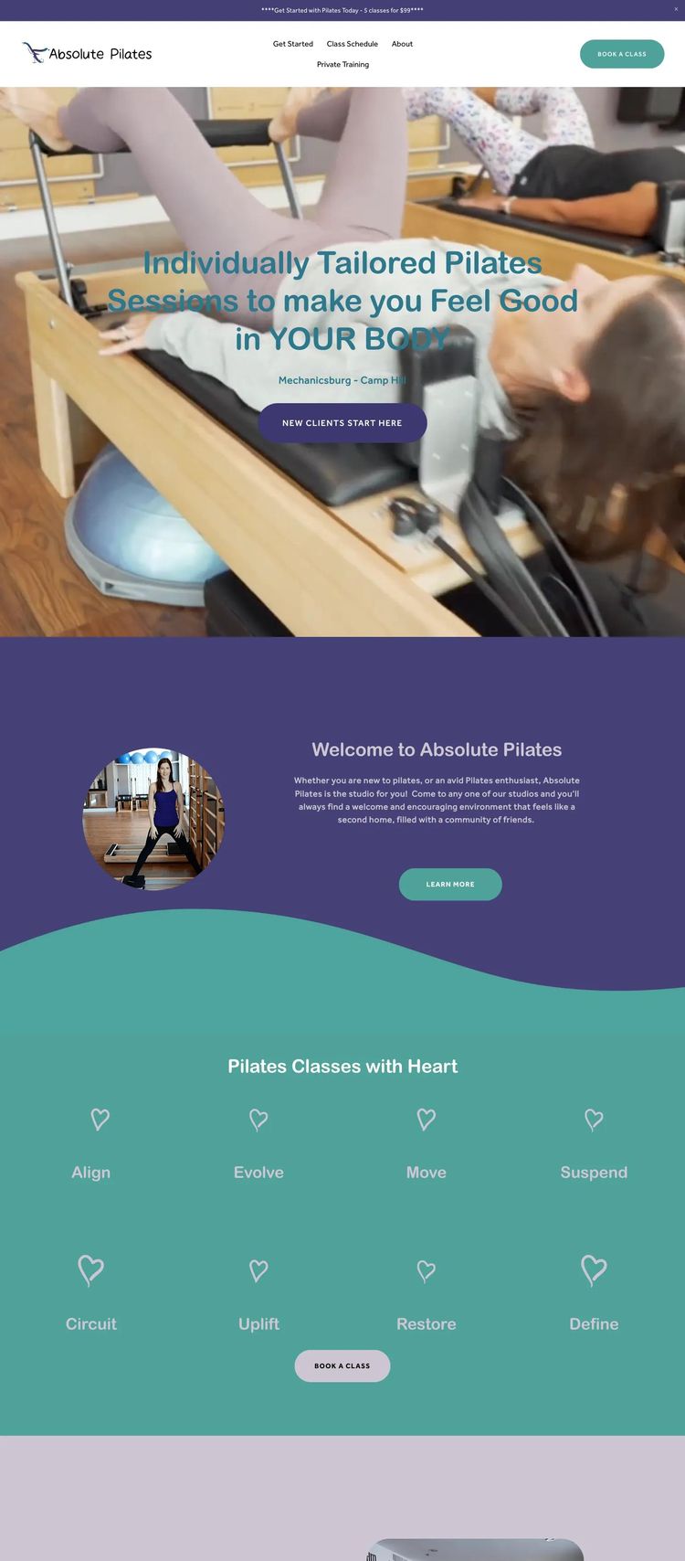 Screenshot 1 of Absolute Pilates (Example Squarespace Fitness Website)