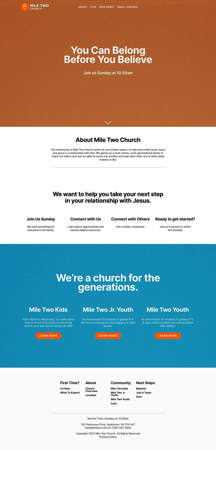 Screenshot 1 of Mile Two Church (Example Squarespace Church/Religious Organization Website)