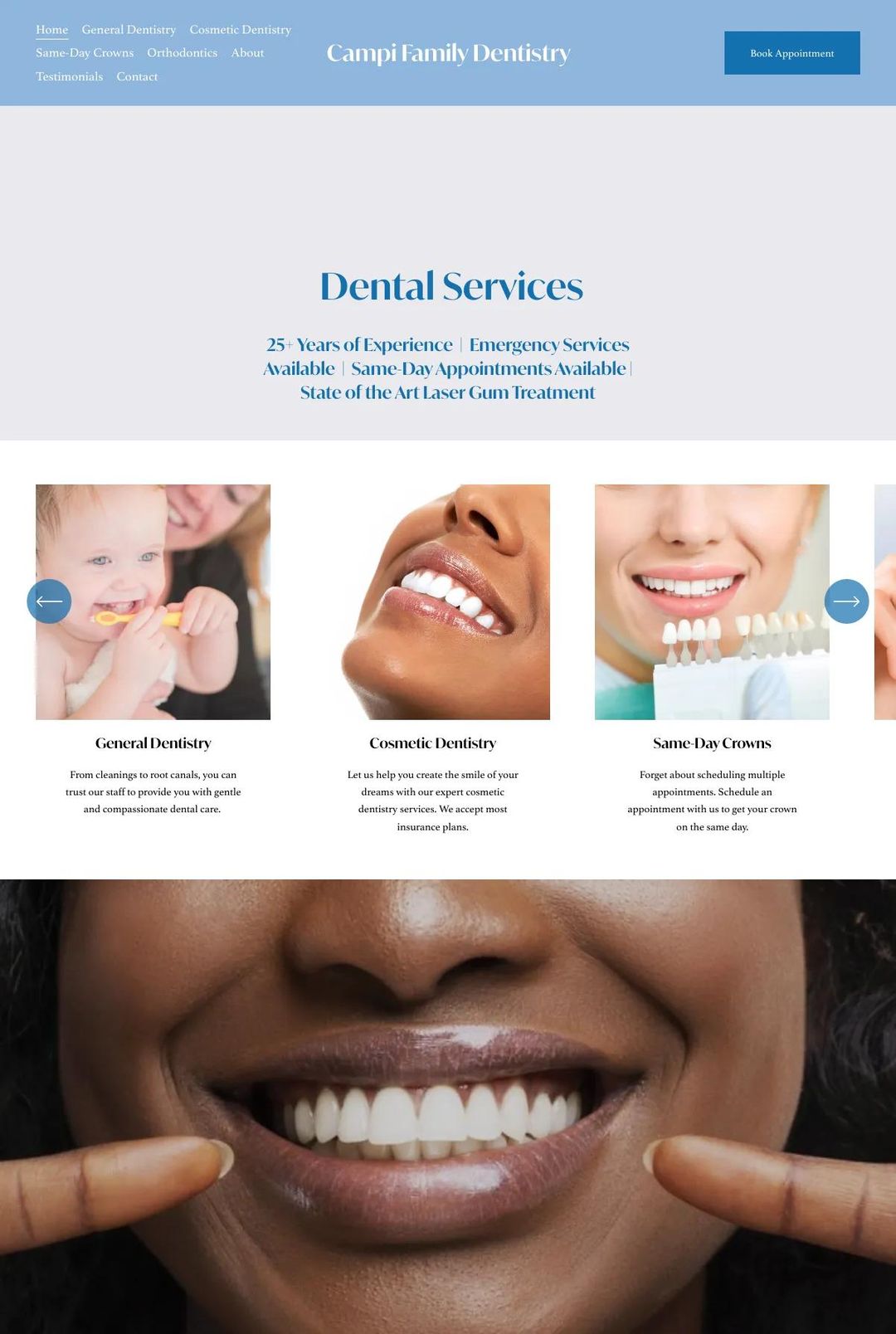 Screenshot 1 of Campi Family Dentistry (Example Squarespace Dentist Website)