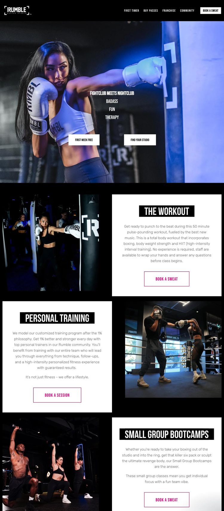 Screenshot 1 of Rumble Boxing Studio (Example Squarespace Fitness Website)