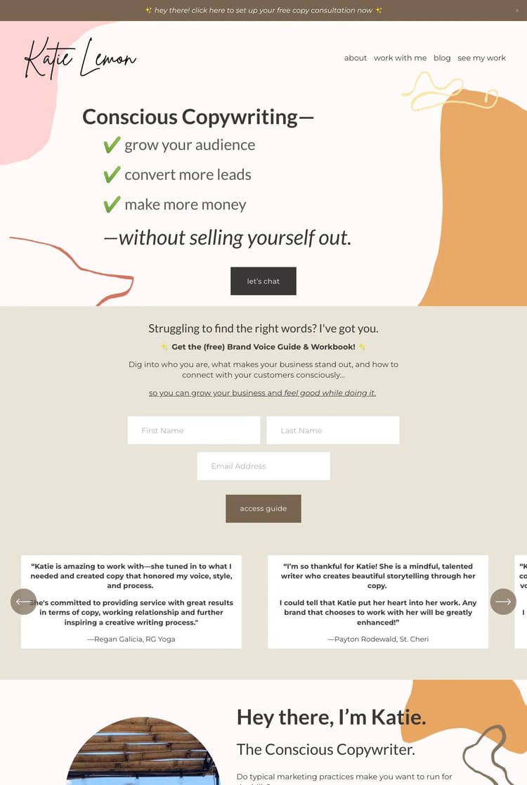 Screenshot 1 of Katie Lemon (Example Squarespace Copywriter Website)